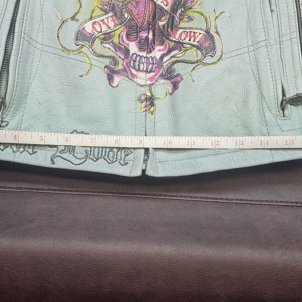 Ed Hardy Light Blue Leather Jacket with Graphic Accents - Picture 3 of 5